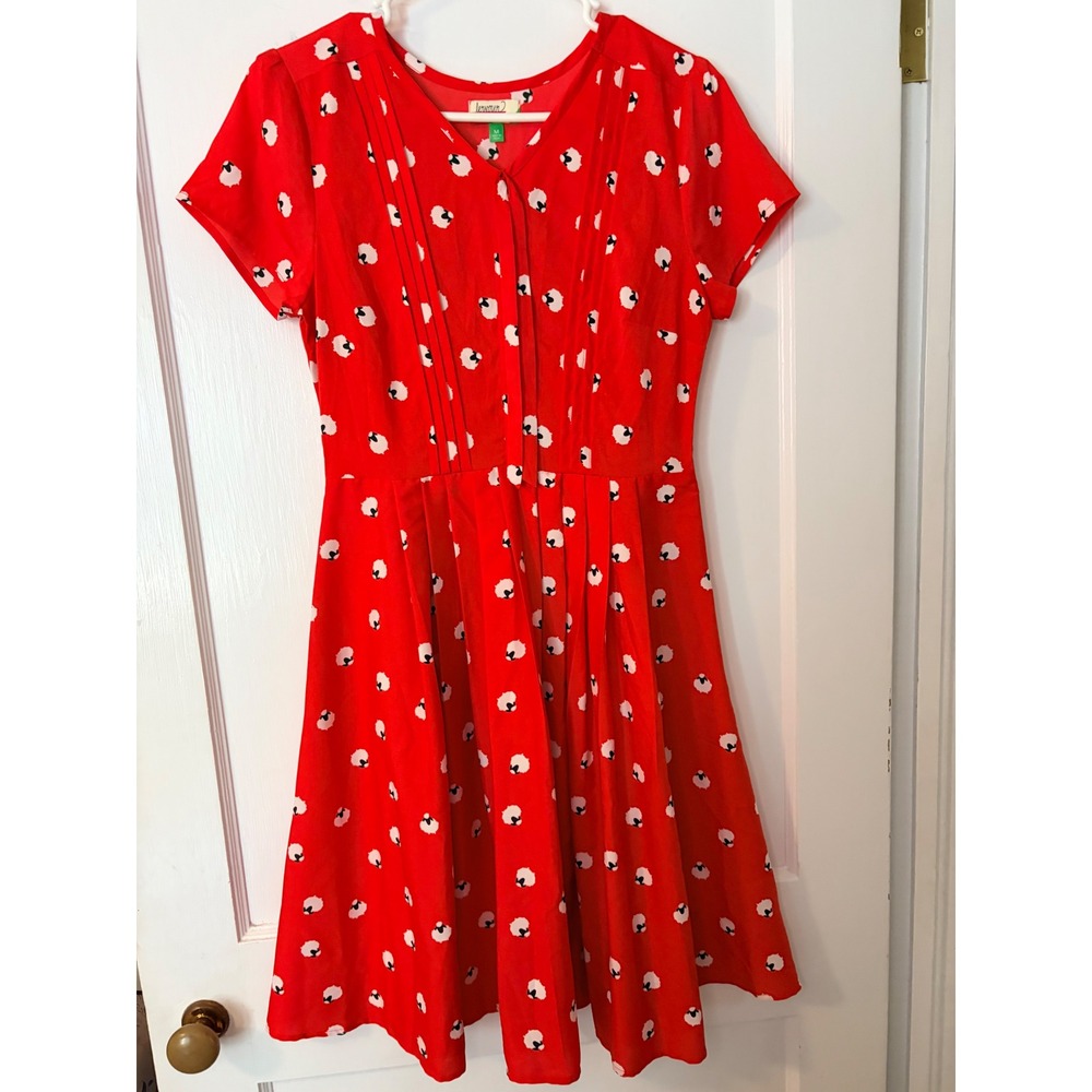 Fervour Red Sheep Print Midi Dress V-Neck Pintuck Short Sleeve Novelty Size M